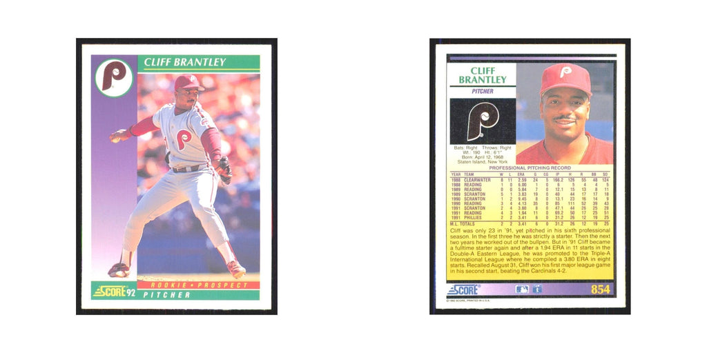 1992 Score Cliff Brantley RC Phillies #854