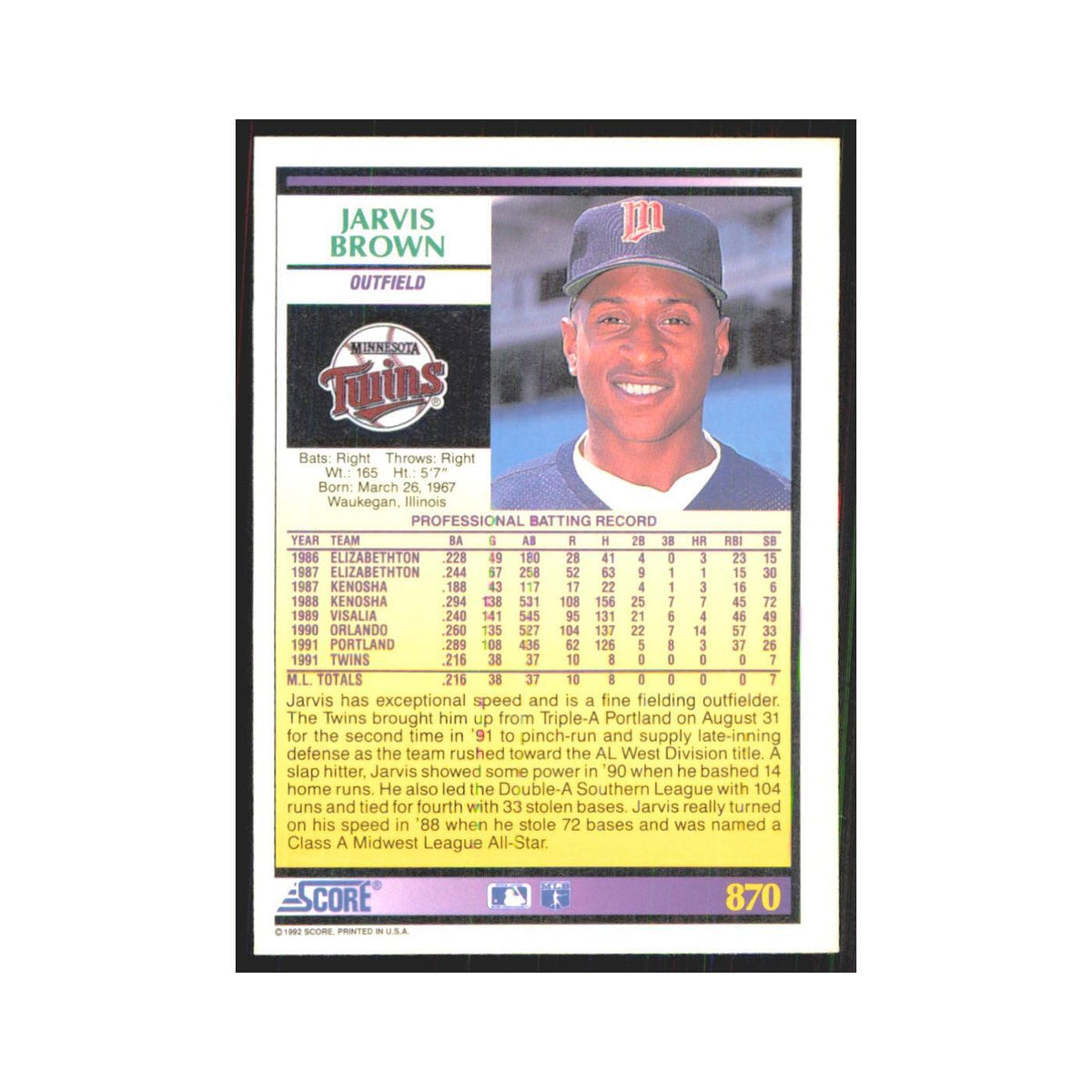 1992 Score Jarvis Brown RC Twins #870
