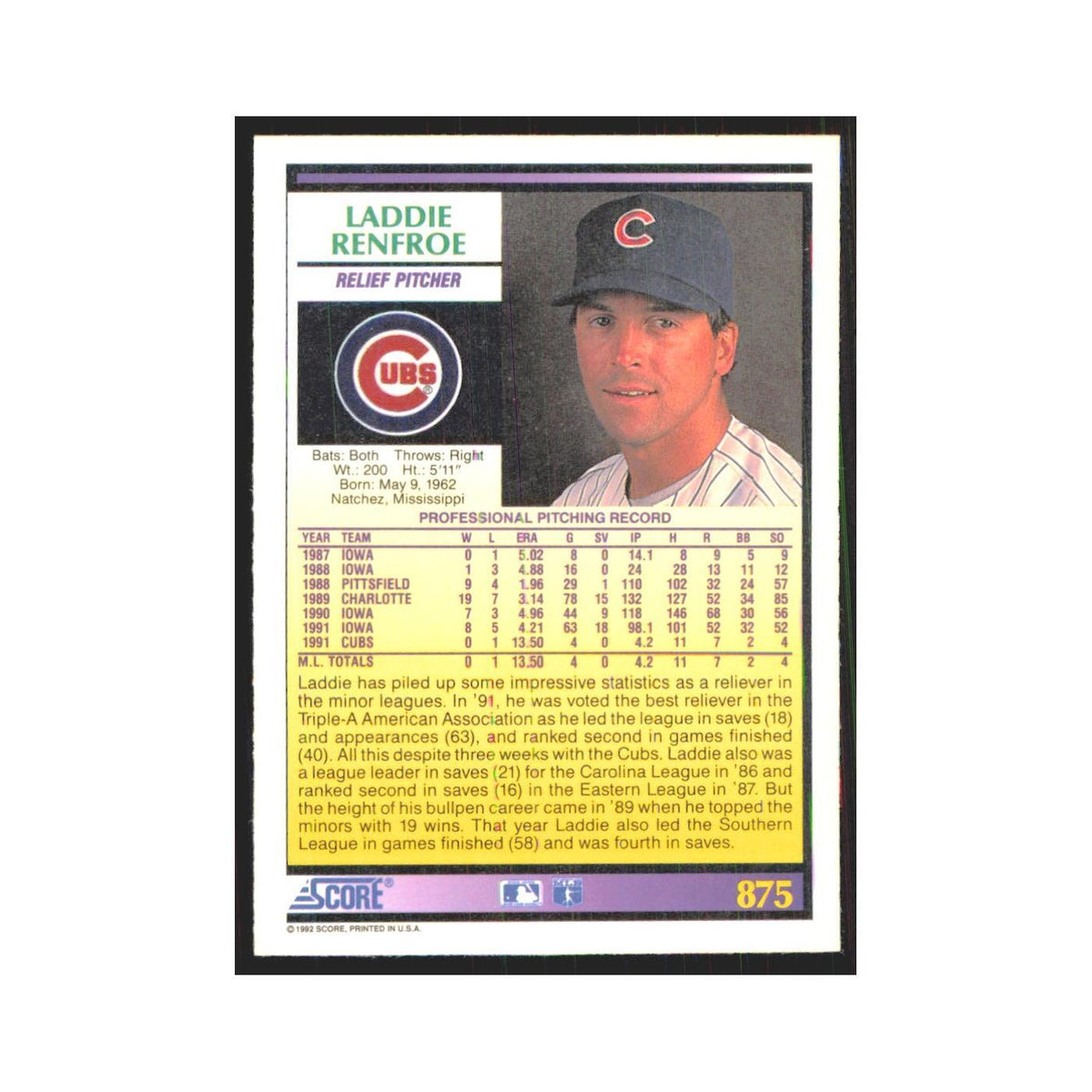 1992 Score Laddie Renfroe RC Cubs #875