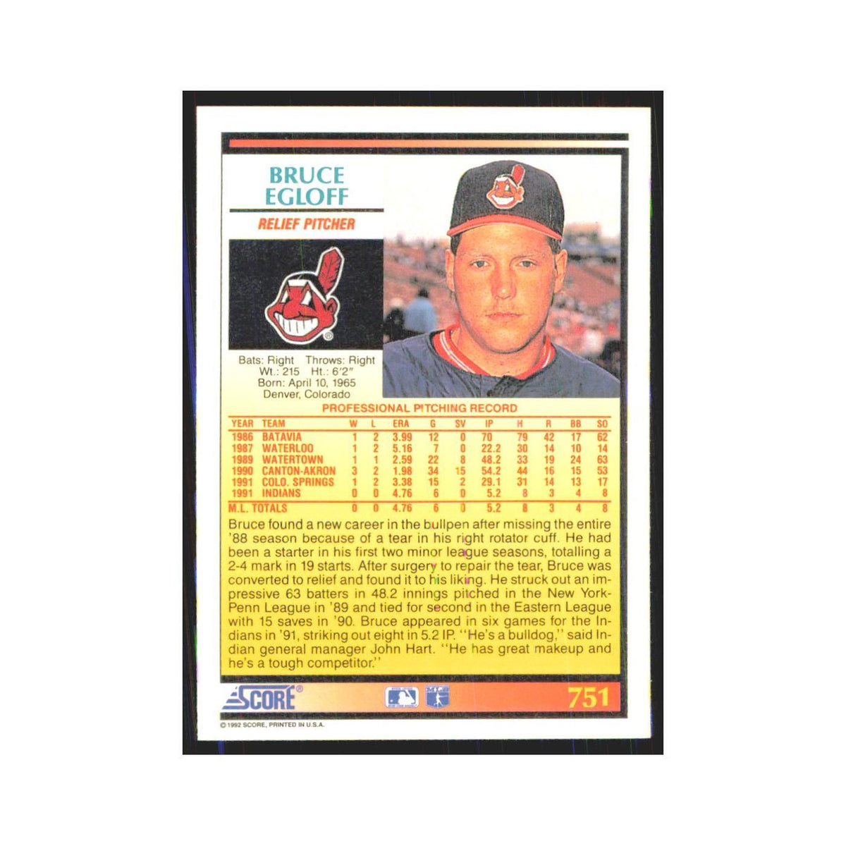 1992 Score Bruce Egloff RC Indians #751