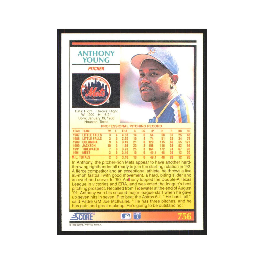 1992 Score Anthony Young RC Mets #756