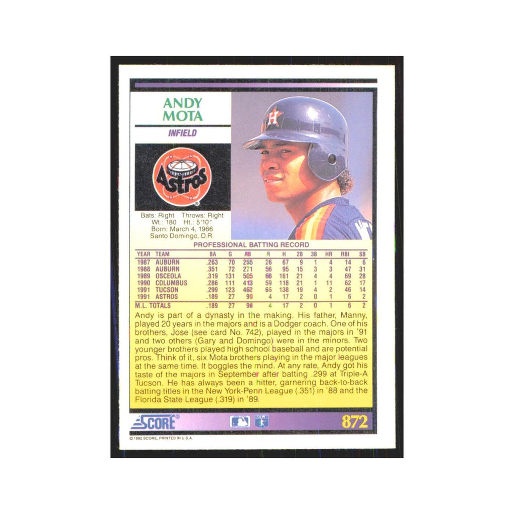 1992 Score Andy Mota RC Astros #872