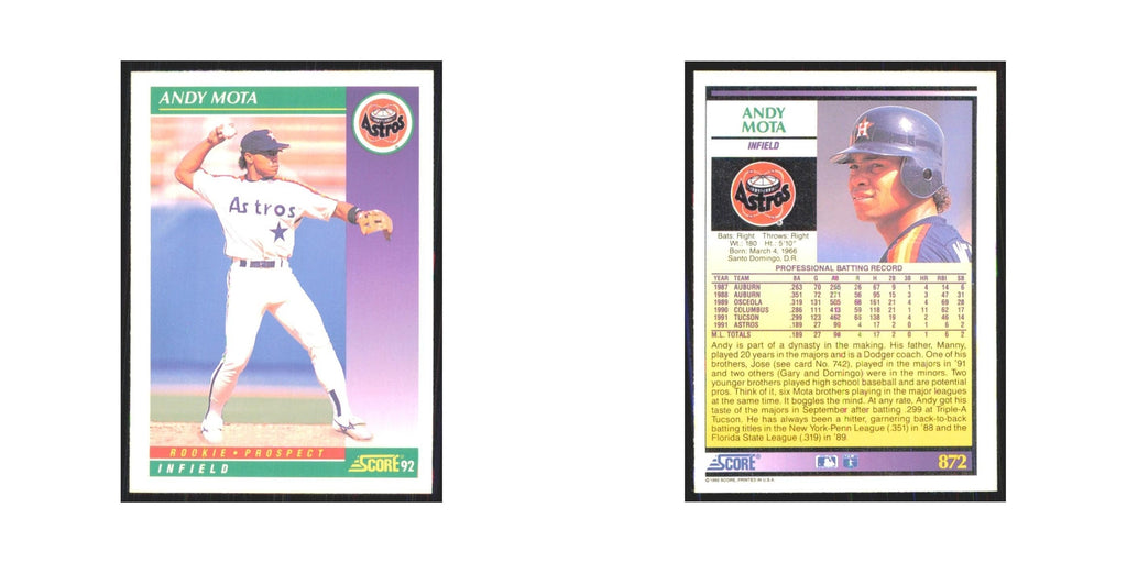 1992 Score Andy Mota RC Astros #872