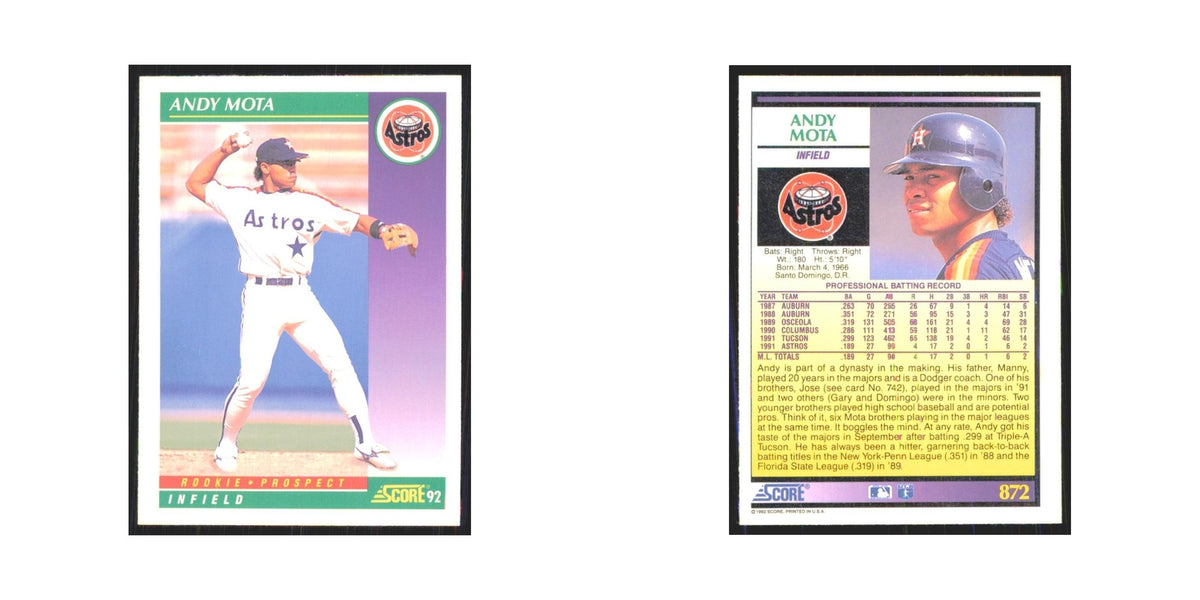 1992 Score Andy Mota RC Astros #872