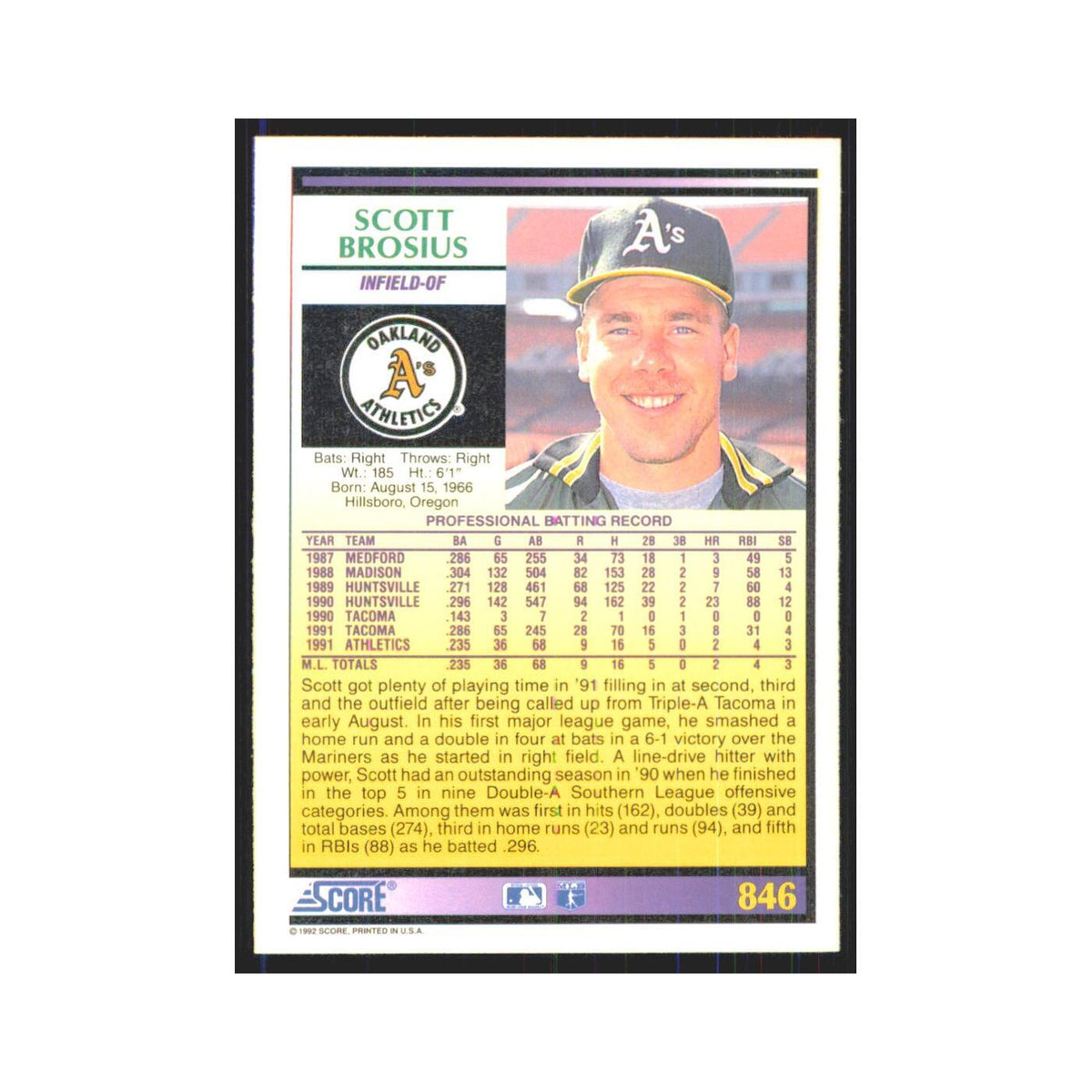 1992 Score Scott Brosius RC Athletics #846