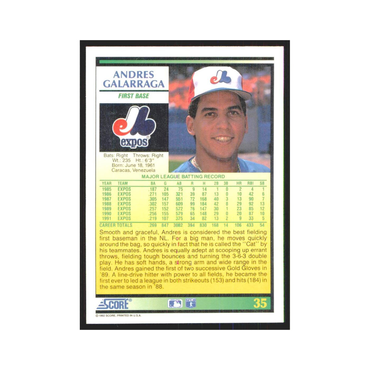 1992 Score Andres Galarraga Montreal Expos #35