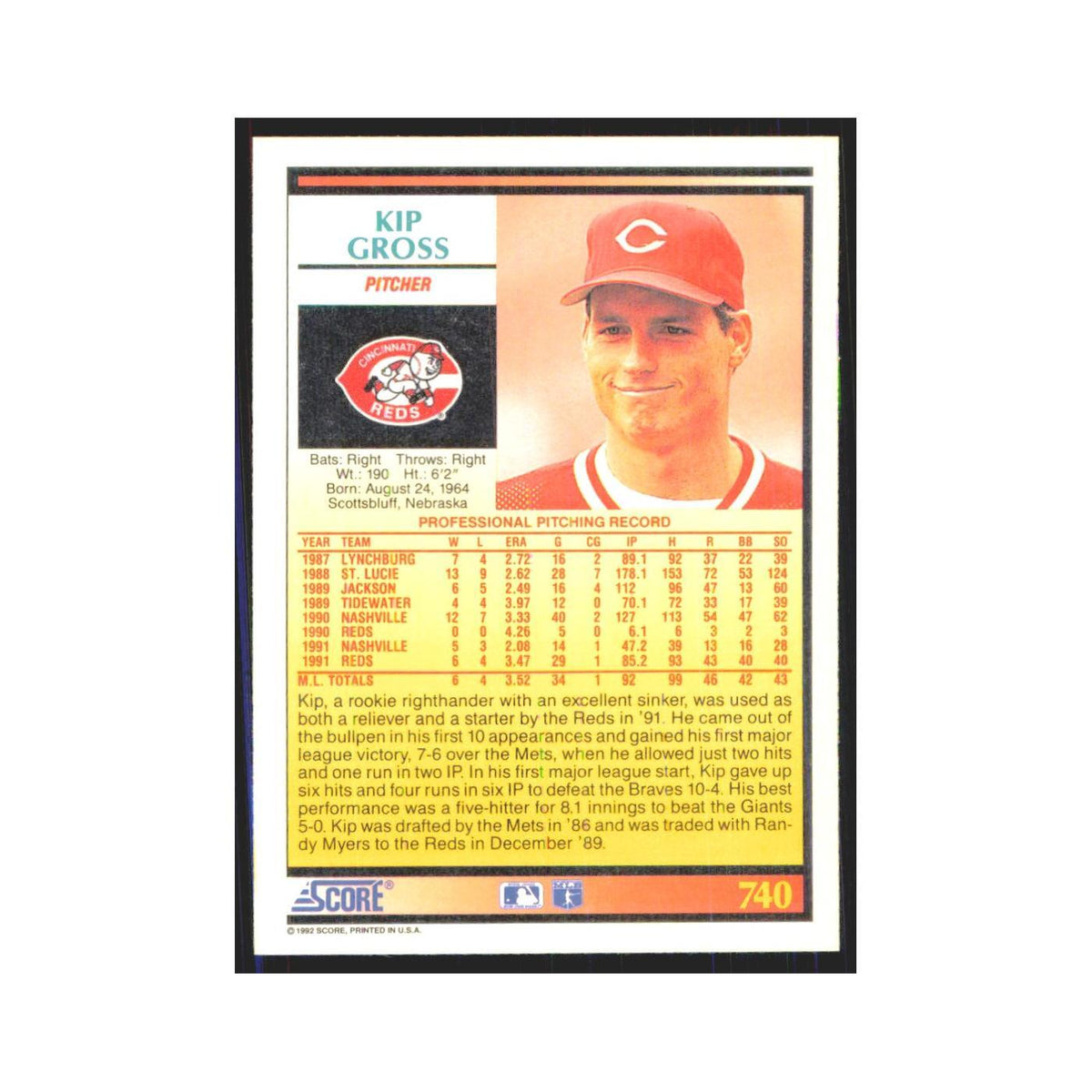 1992 Score Kip Gross RC Reds #740