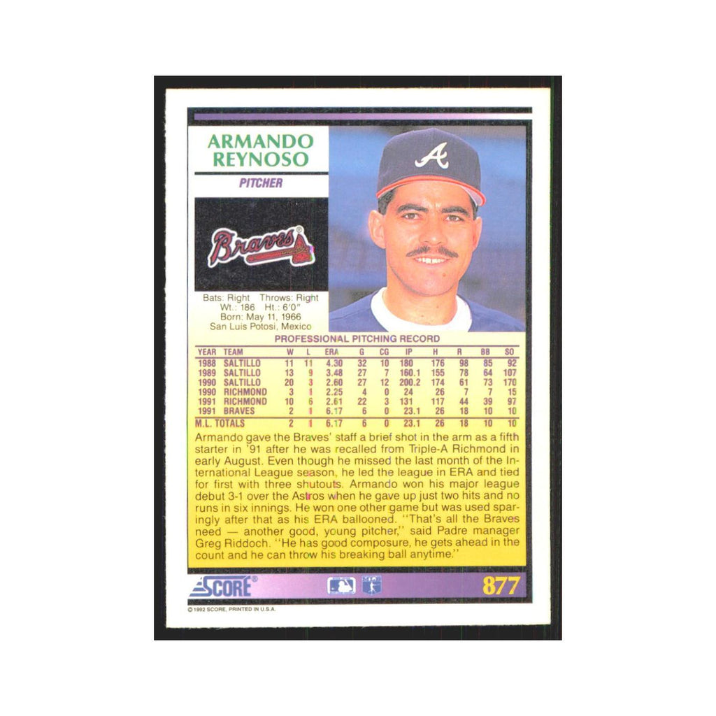 1992 Score Armando Reynoso RC Braves #877
