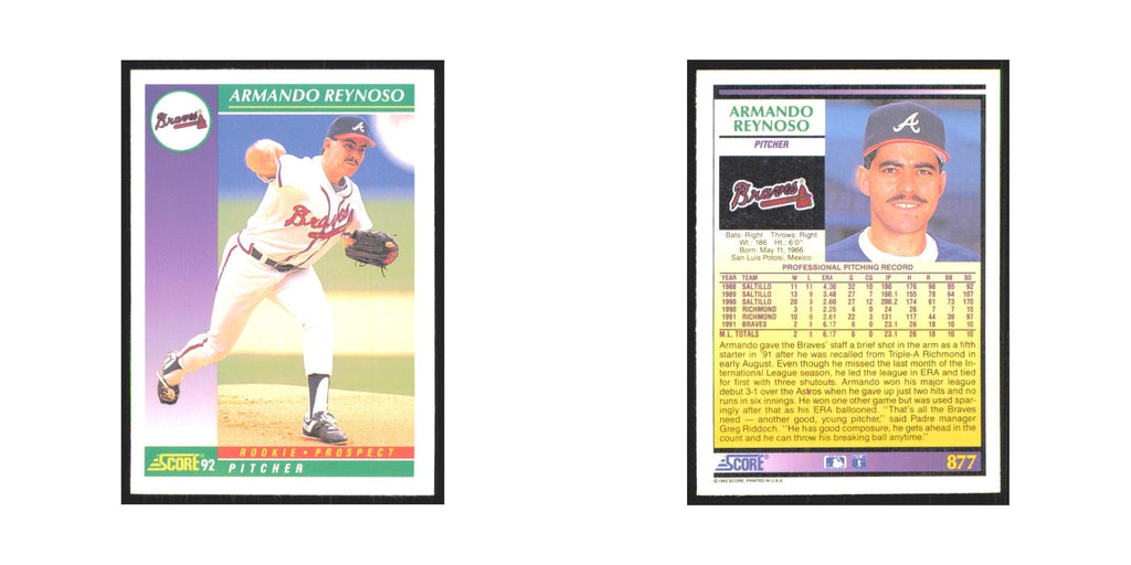 1992 Score Armando Reynoso RC Braves #877