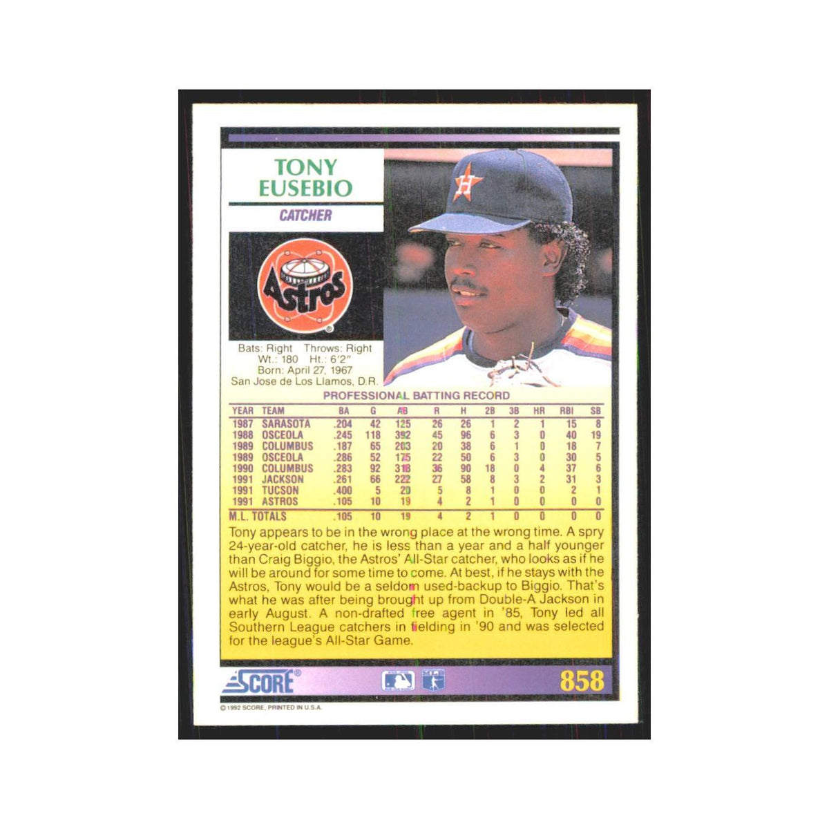 1992 Score Tony Eusebio RC Astros #858