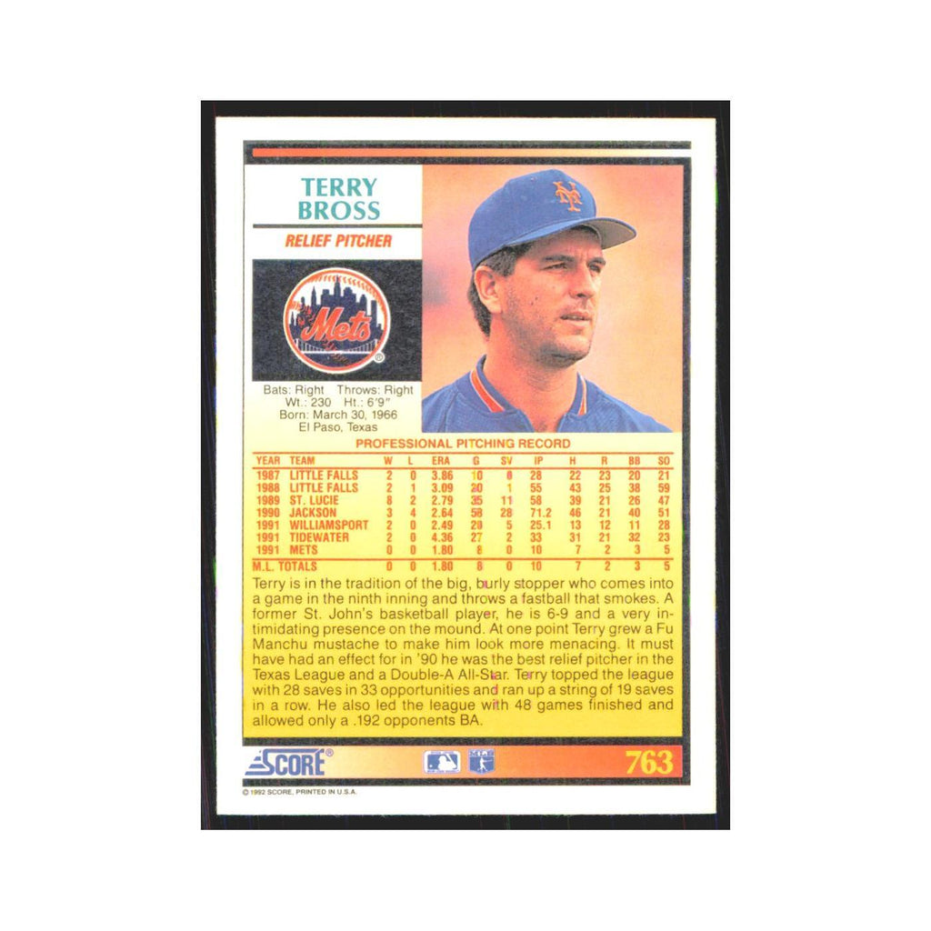 1992 Score Terry Bross RC Mets #763
