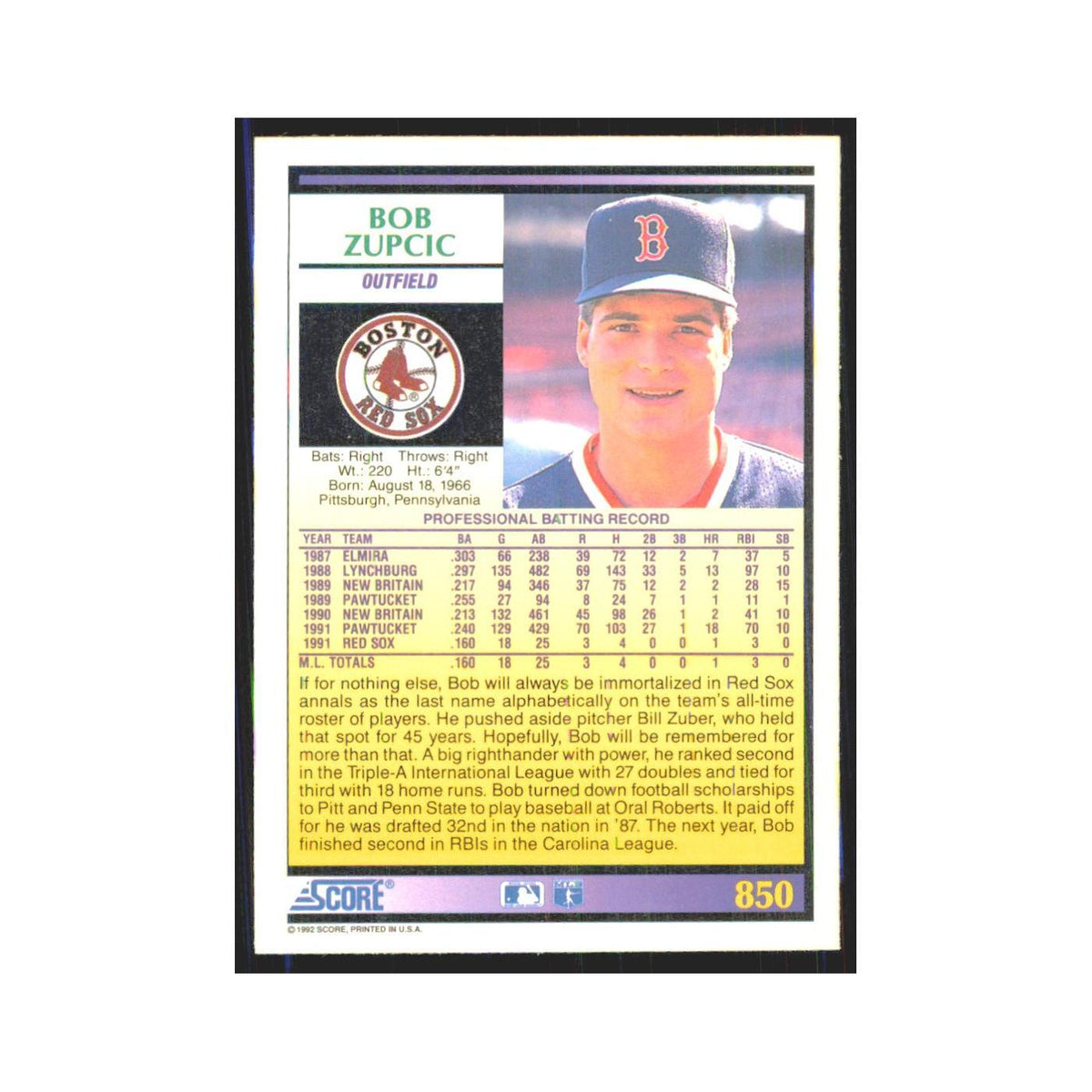 1992 Score Bob Zupcic RC Red Sox #850