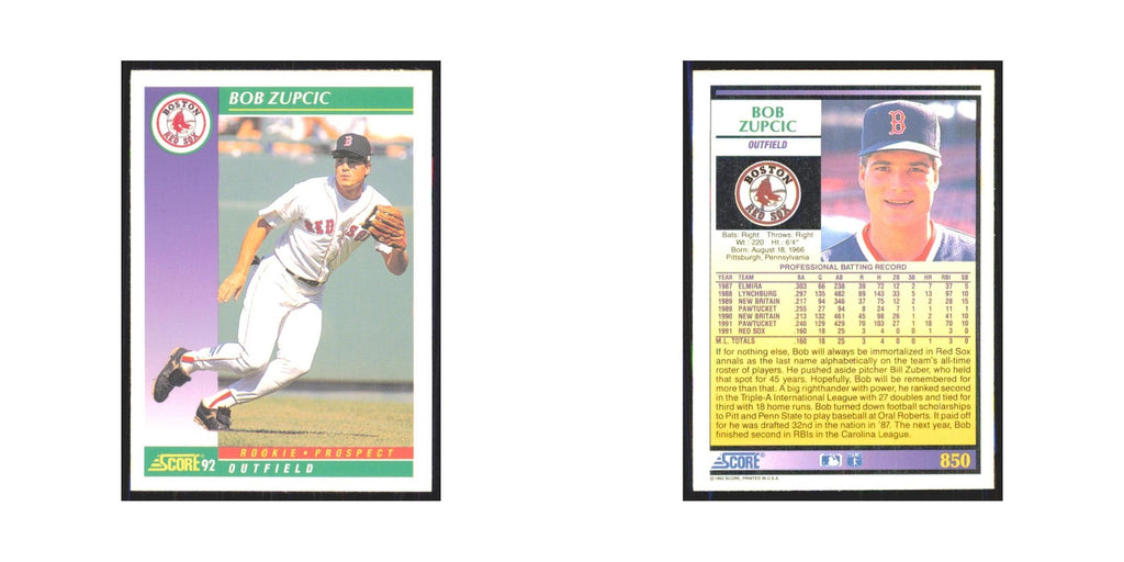 1992 Score Bob Zupcic RC Red Sox #850