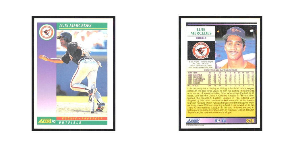 1992 Score Luis Mercedes RC Orioles #826