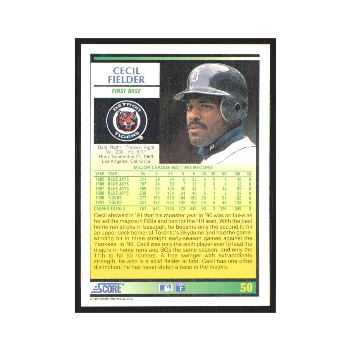 1992 Score Cecil Fielder Tigers #50