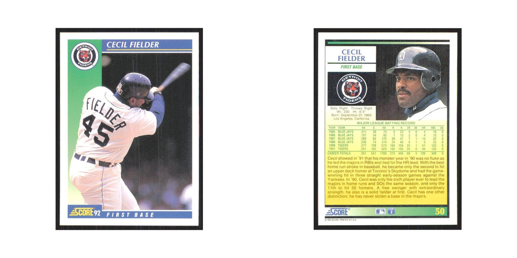 1992 Score Cecil Fielder Tigers #50