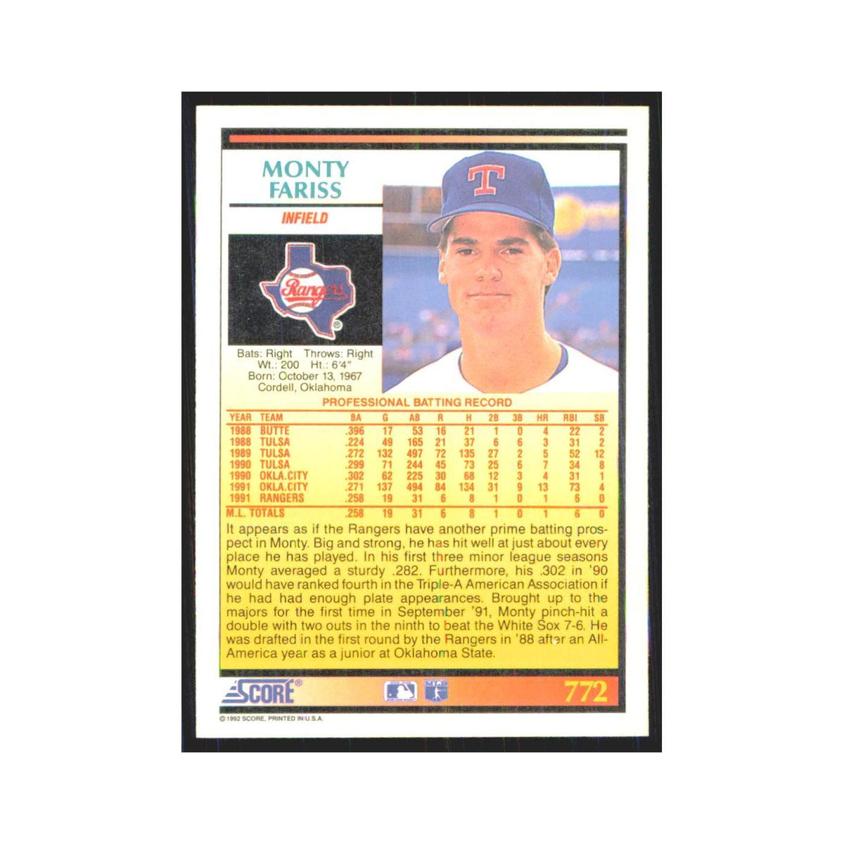 1992 Score Monty Fariss RC Rangers #772