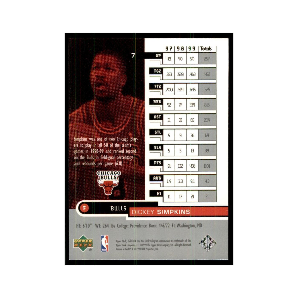 1999 Upper Deck HoloGrFX Dickey Simpkins Bulls #7
