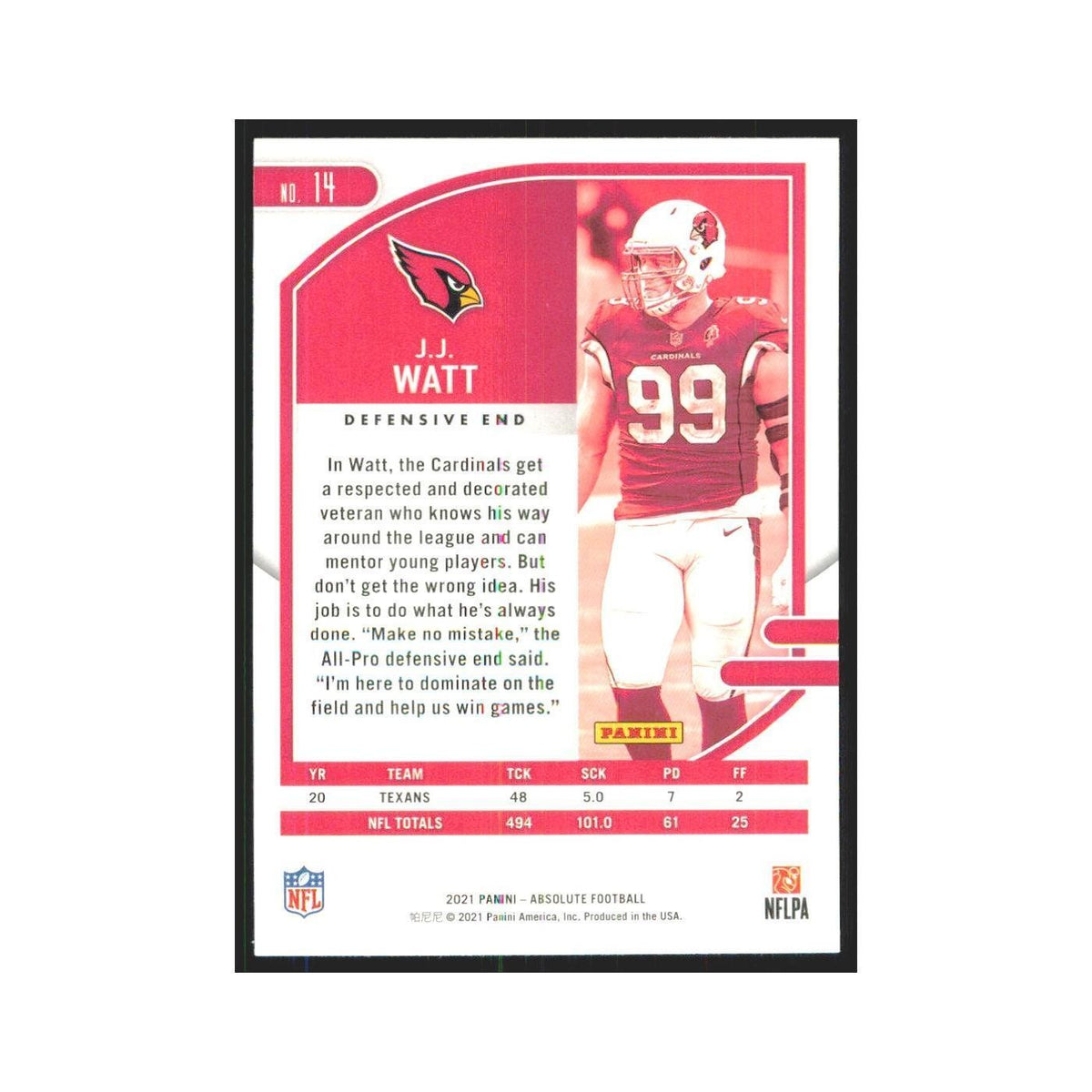 2021 Panini Absolute J.J. Watt Cardinals #14