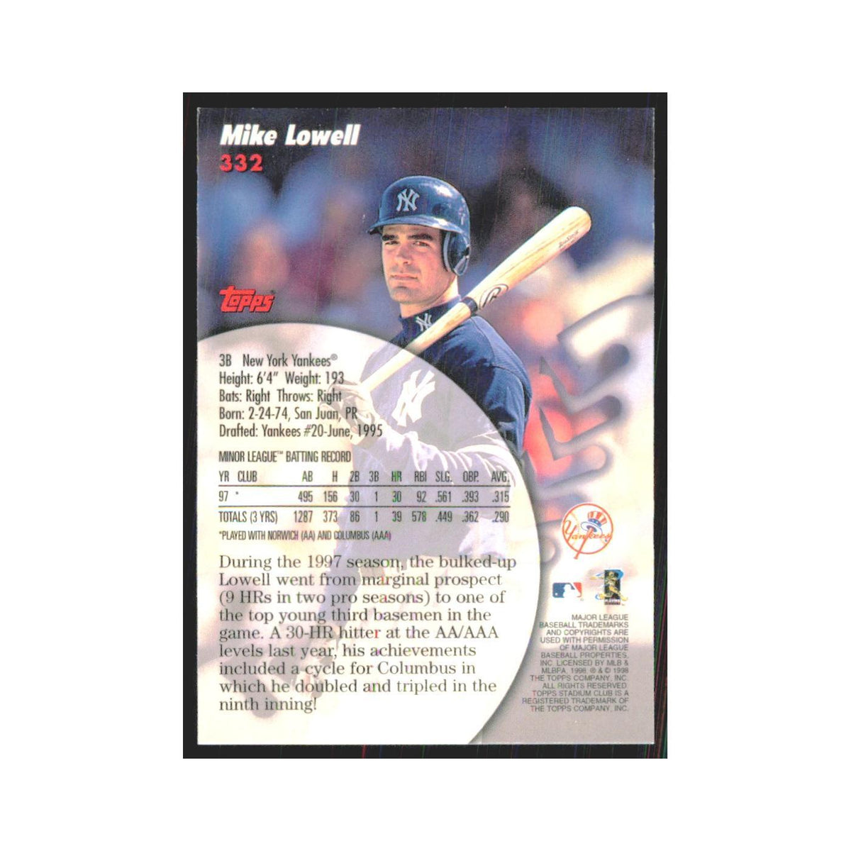 1998 Stadium Club Mike Lowell Yankees #332