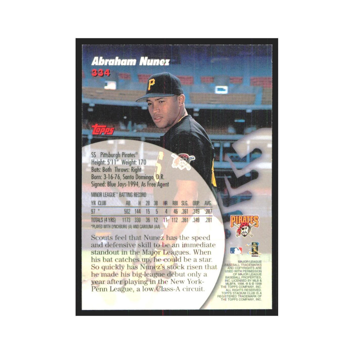 1998 Stadium Club Abraham Nunez Pirates #334