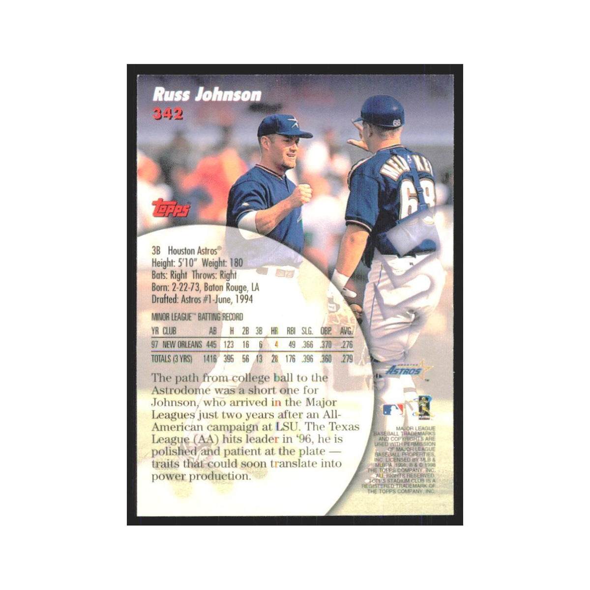 1998 Stadium Club Russ Johnson Astros #342