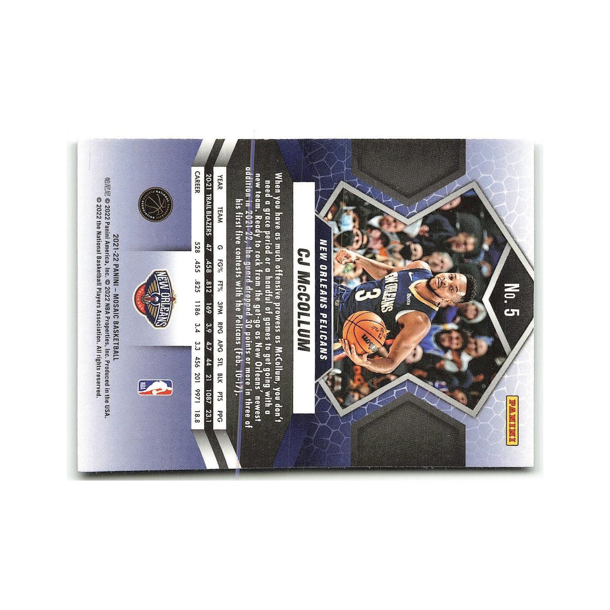 CJ McCollum 2021 Panini Mosaic #5 New Orleans Pelicans Basketball Card NM