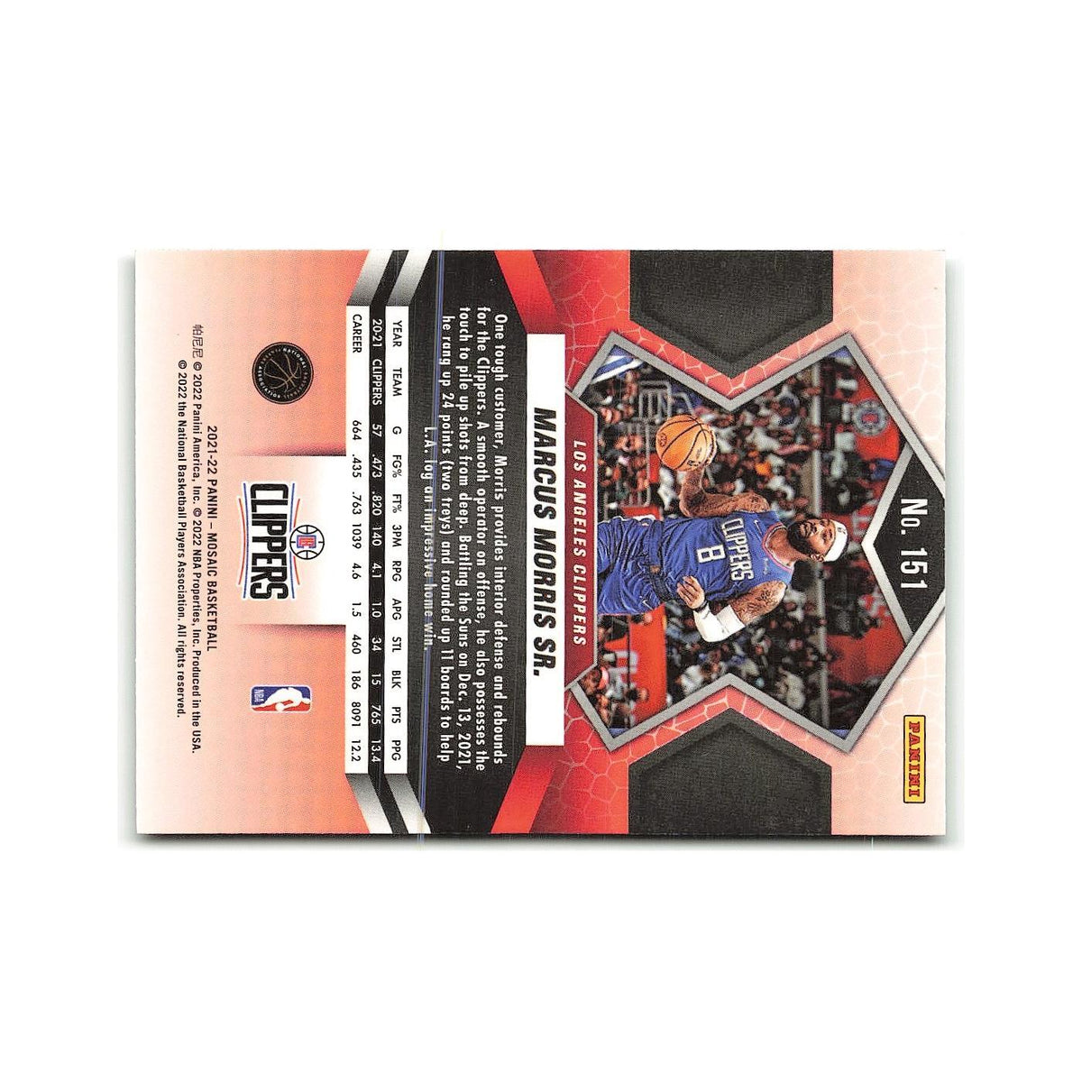 Marcus Morris Sr. 2021 Panini Mosaic #151 Los Angeles Clippers NM