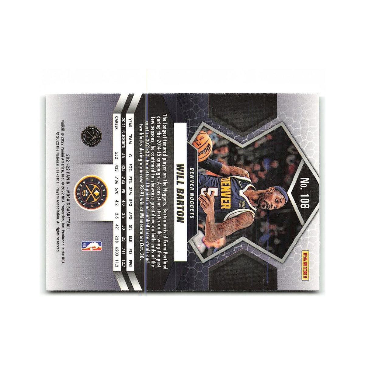 Will Barton 2021 Panini Mosaic #108 Denver Nuggets Basketball Card NM