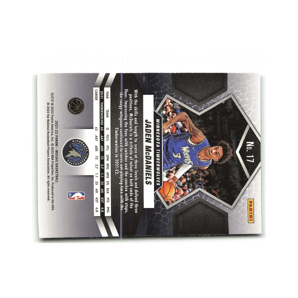 Jaden McDaniels 2021 Panini Mosaic #17 Minnesota Timberwolves Basketball Card NM