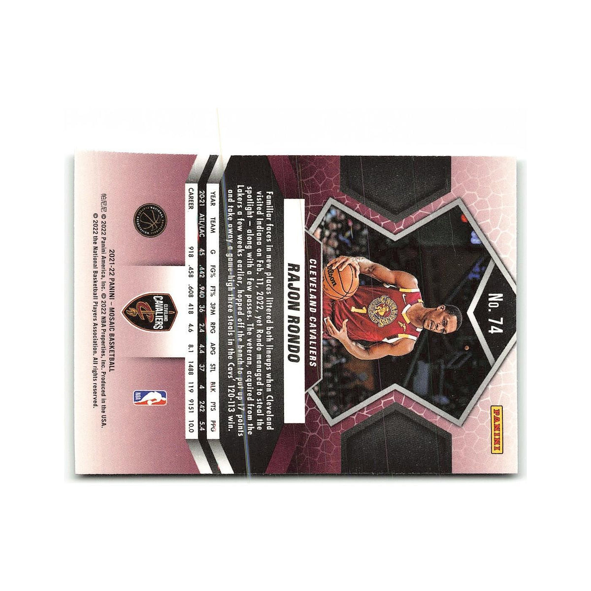 Rajon Rondo 2021 Panini Mosaic #74 Cleveland Cavaliers Basketball Card NM