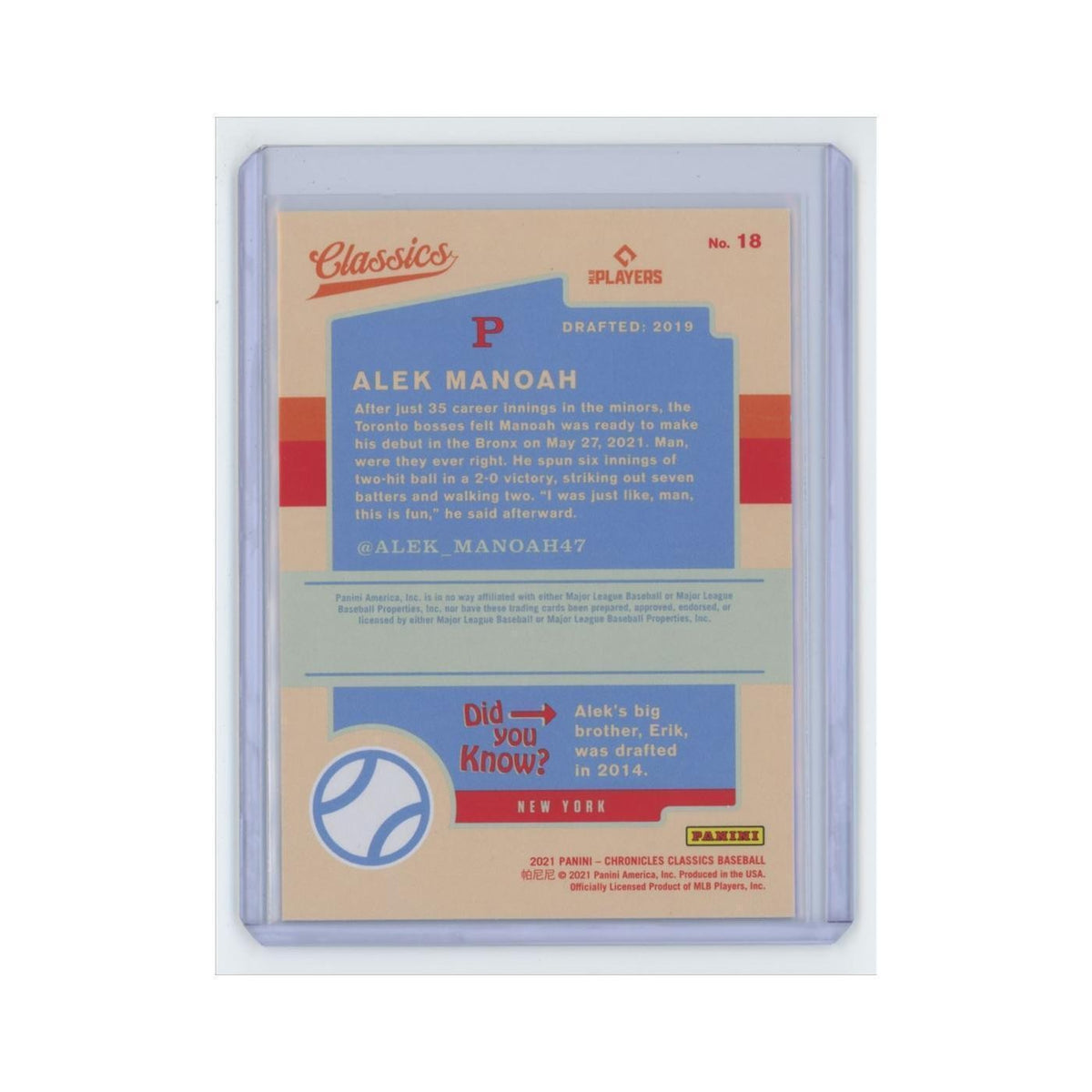Alek Manoah Rookie 2021 Panini Chronicles Classics #18 Toronto Blue Jays NM