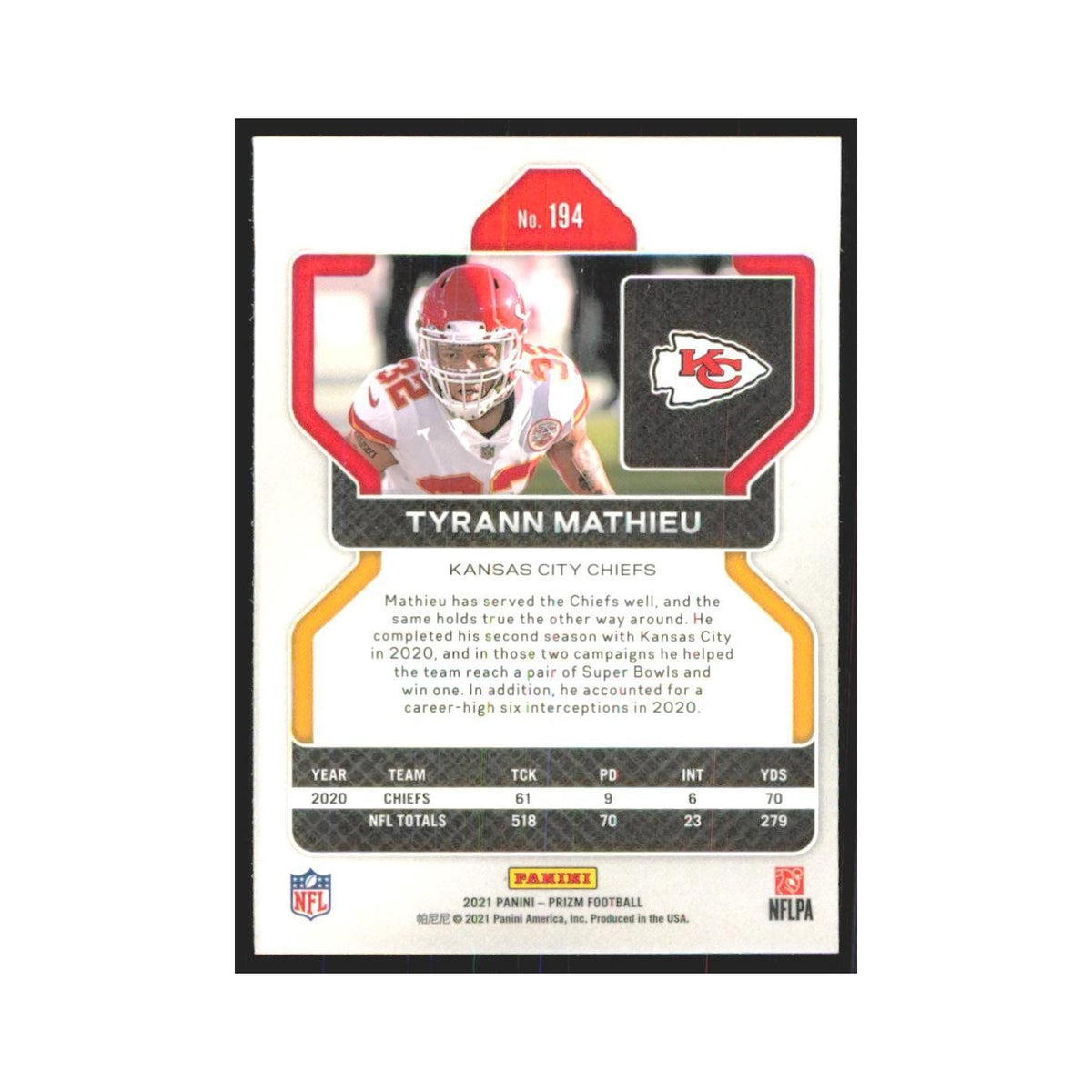 2021 Panini Prizm Tyrann Mathieu Chiefs #194