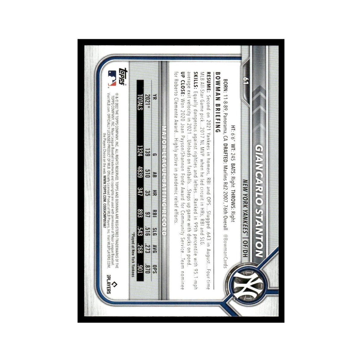 Giancarlo Stanton 2022 Bowman #61 New York Yankees Baseball Card NM