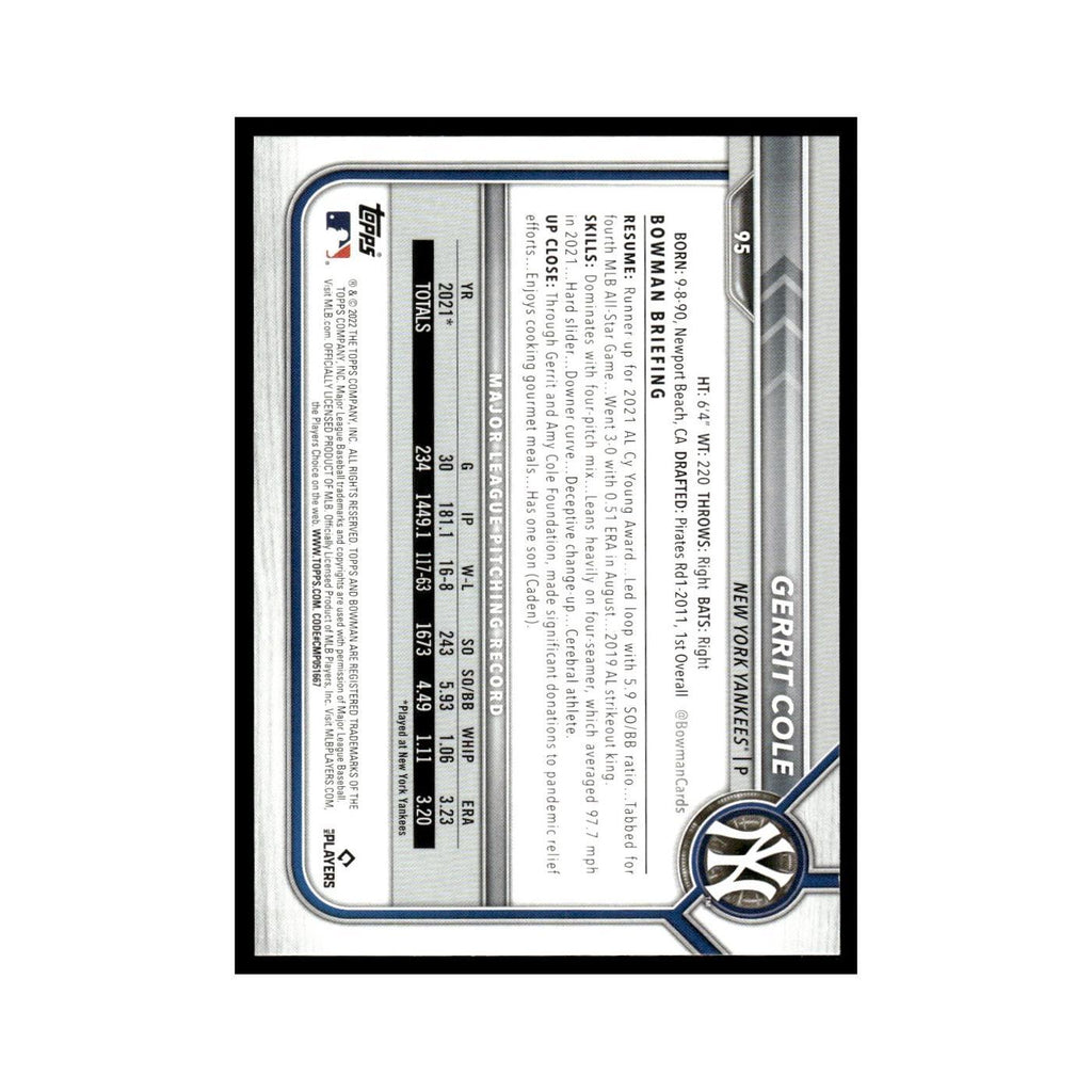 Gerrit Cole 2022 Bowman #95 New York Yankees Baseball Card NM