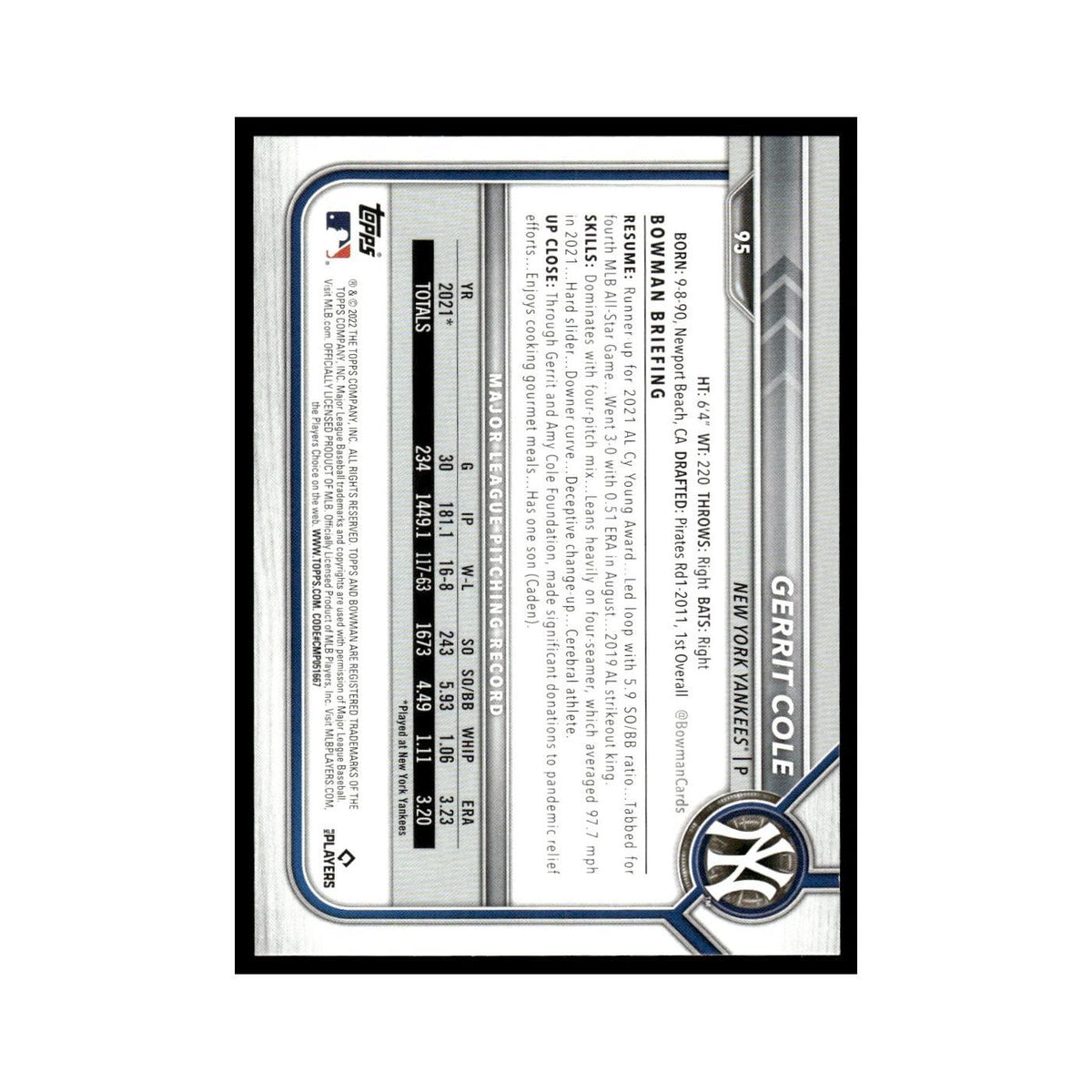 Gerrit Cole 2022 Bowman #95 New York Yankees Baseball Card NM