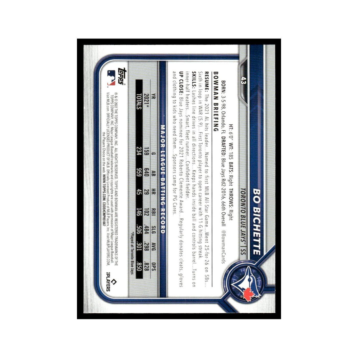 Bo Bichette 2022 Bowman #43 Toronto Blue Jays Baseball Card NM