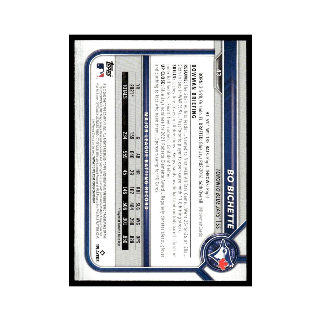 Bo Bichette 2022 Bowman #43 Toronto Blue Jays Baseball Card NM