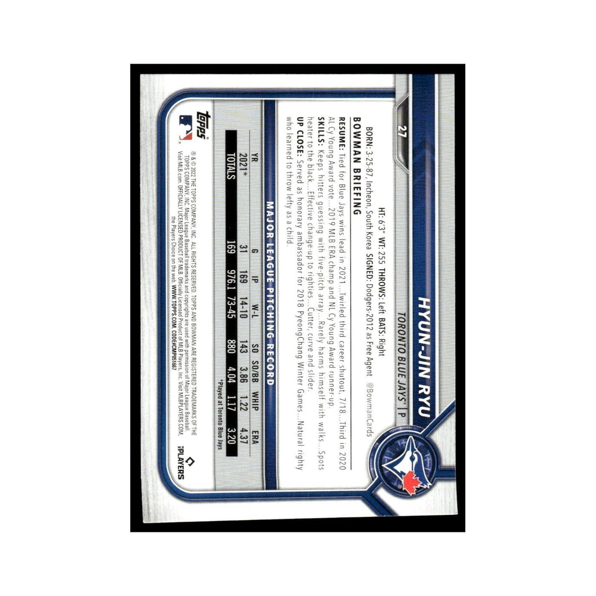 Hyun-Jin Ryu 2022 Bowman #27 Toronto Blue Jays Baseball Card NM