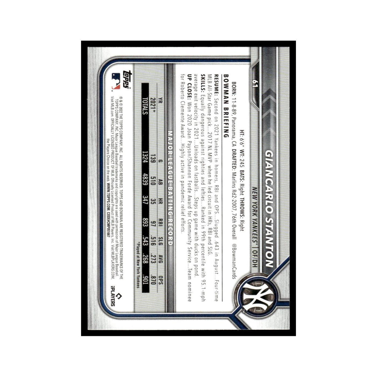 Giancarlo Stanton 2022 Bowman #61 New York Yankees Baseball Card NM
