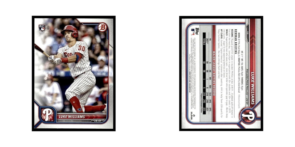 Luke Williams Rookie 2022 Bowman #11 Philadelphia Phillies Baseball Card NM