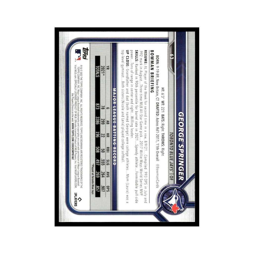 George Springer 2022 Bowman #63 Toronto Blue Jays Baseball Card NM