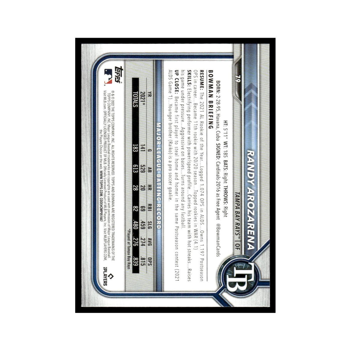Randy Arozarena 2022 Bowman #79 Tampa Bay Rays Baseball Card NM