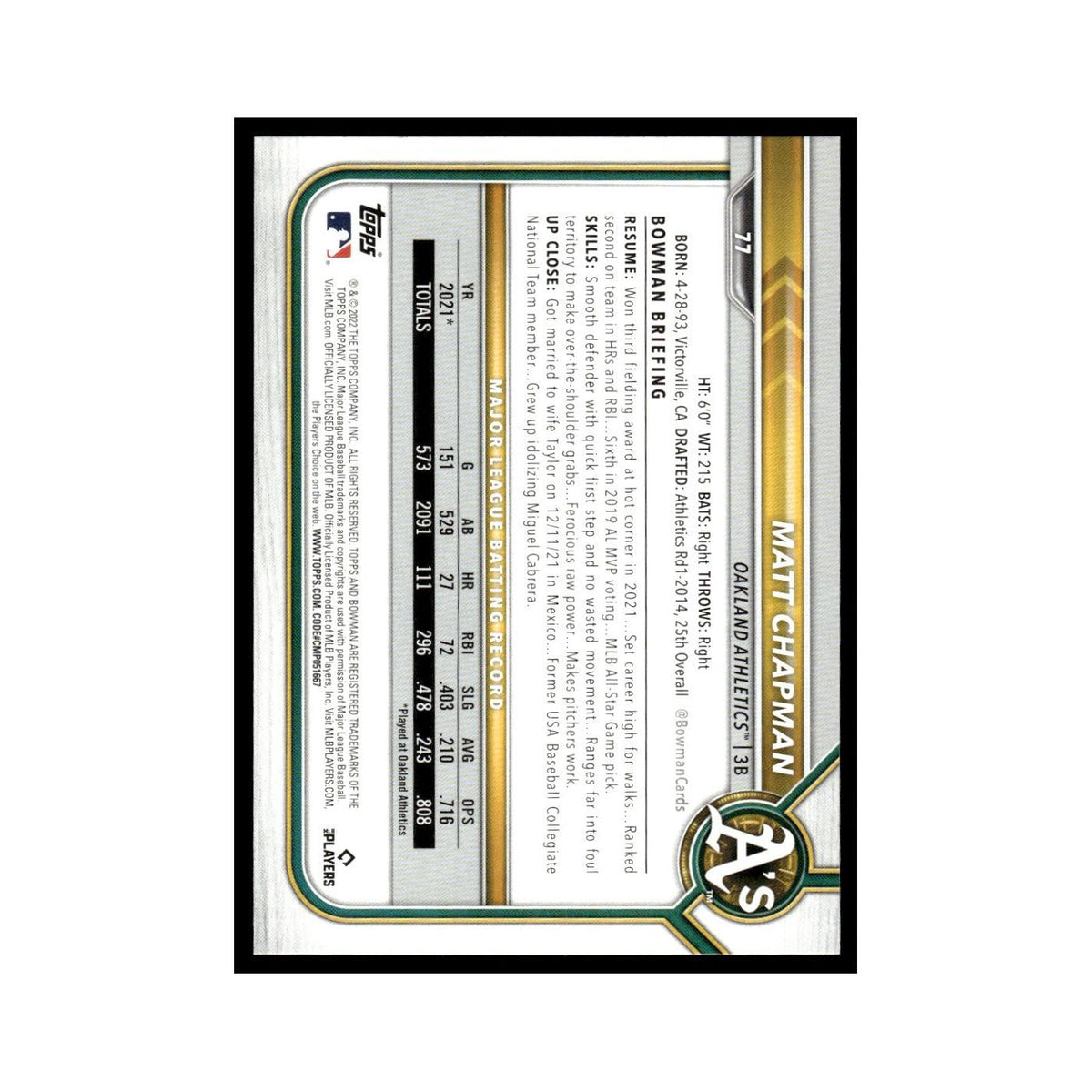 Matt Chapman 2022 Bowman #77 Oakland Athletics Baseball Card NM