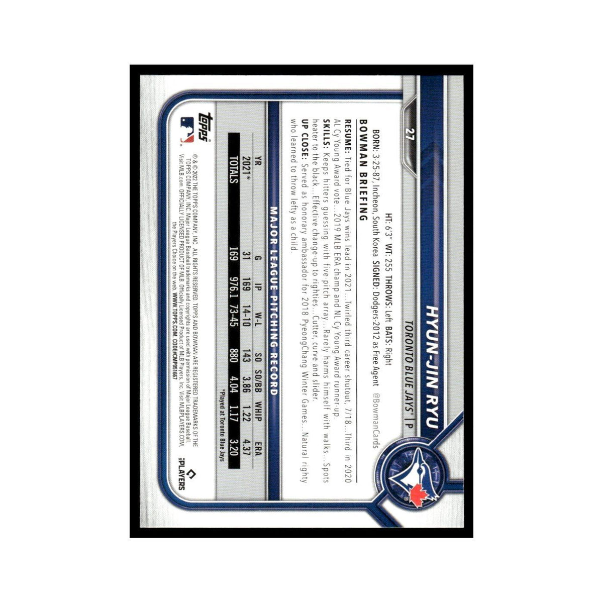 Hyun-Jin Ryu 2022 Bowman #27 Toronto Blue Jays Baseball Card NM