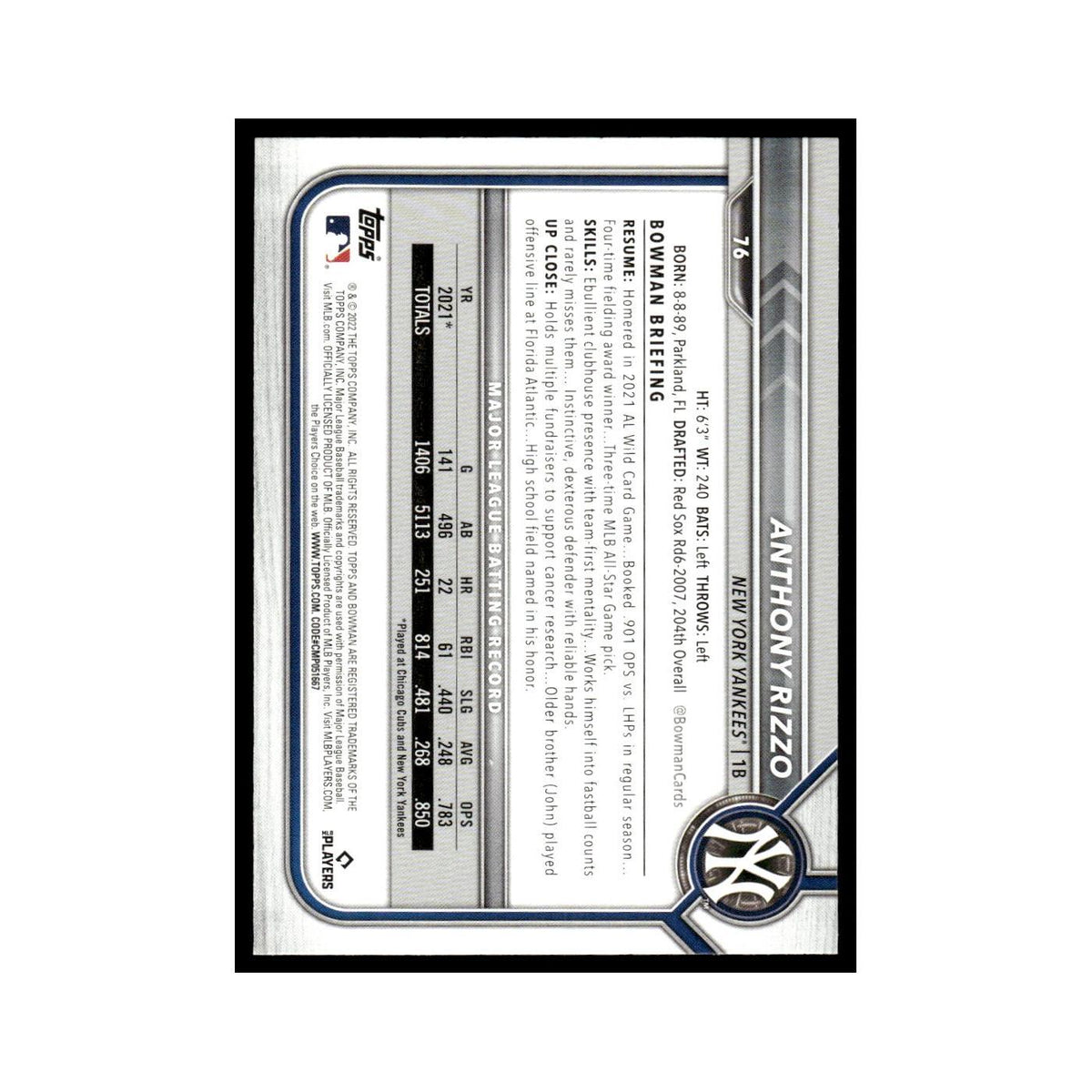 Anthony Rizzo 2022 Bowman #76 New York Yankees Baseball Card NM