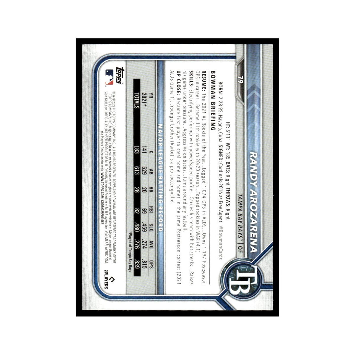 Randy Arozarena 2022 Bowman #79 Tampa Bay Rays Baseball Card NM