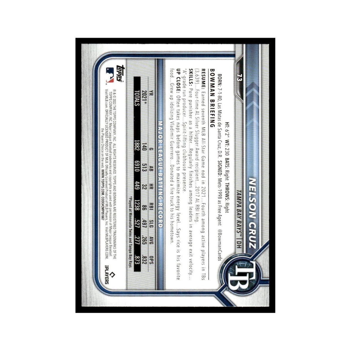 Nelson Cruz 2022 Bowman #73 Tampa Bay Rays Baseball Card NM