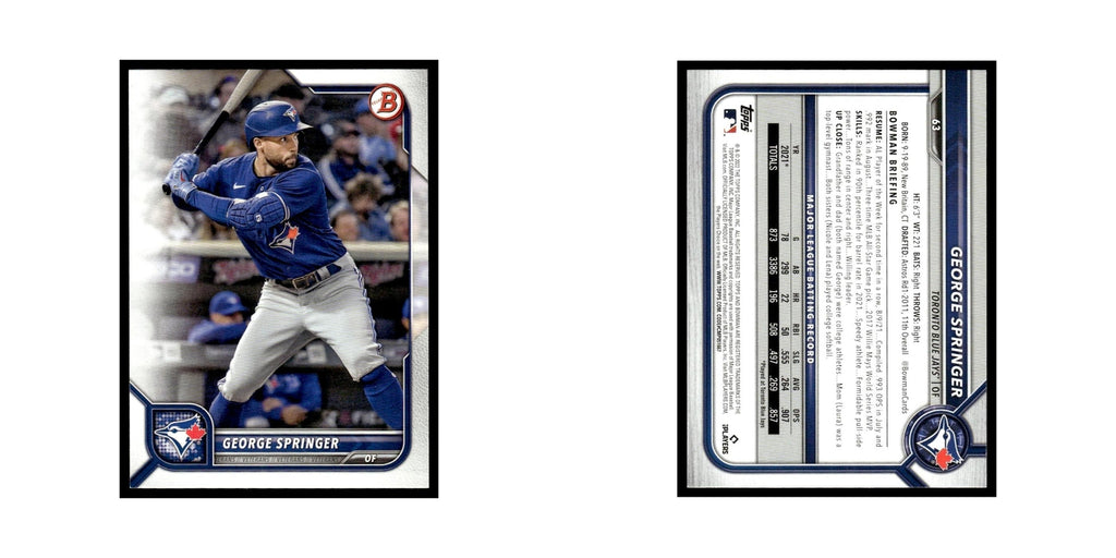 George Springer 2022 Bowman #63 Toronto Blue Jays Baseball Card NM