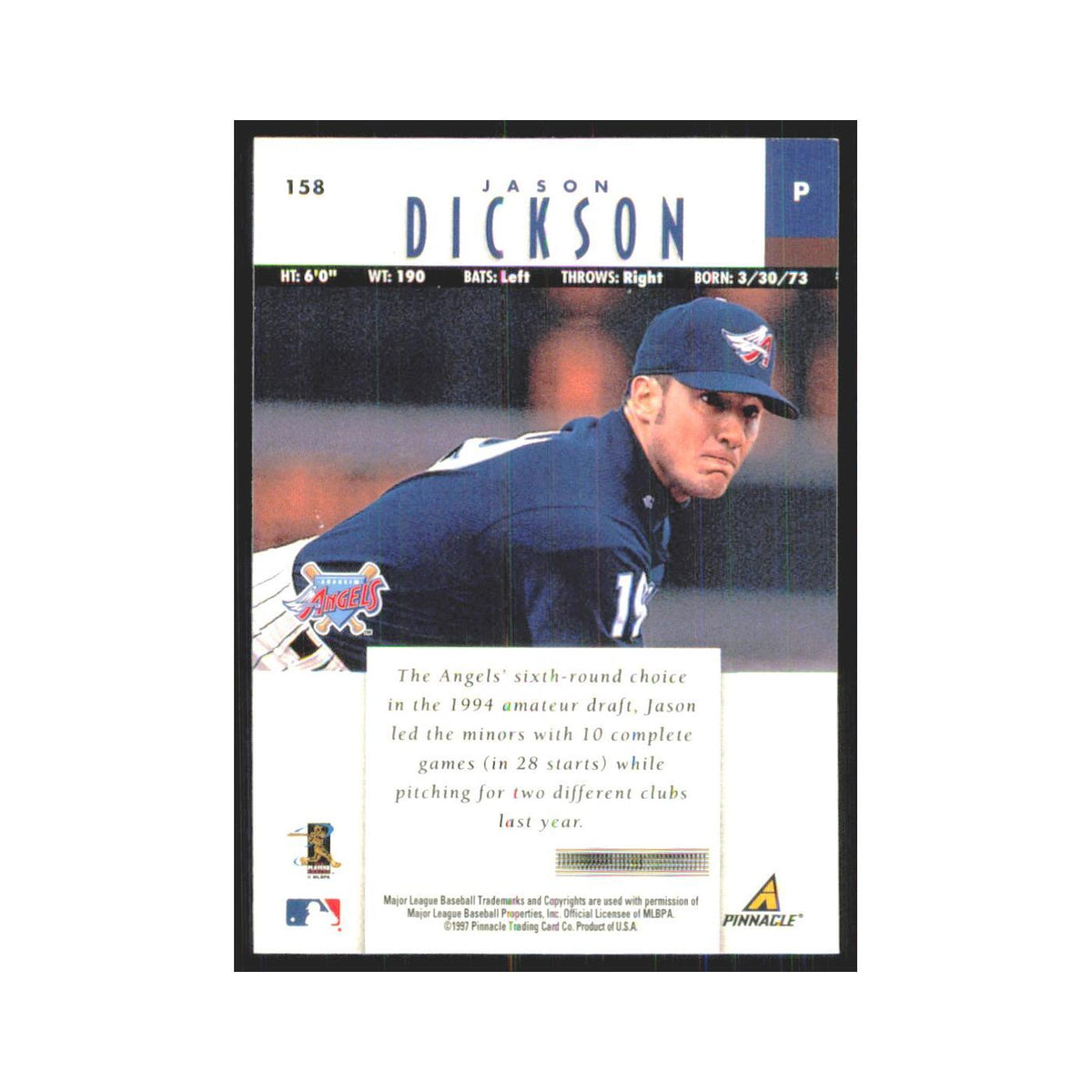 1997 Pinnacle Jason Dickson RC Angels #158